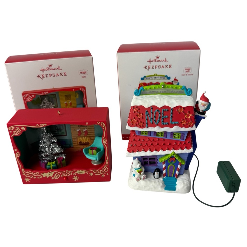 Hallmark Magic Light Cord Ornament Merriest House in Town & Tinseltime Christmas